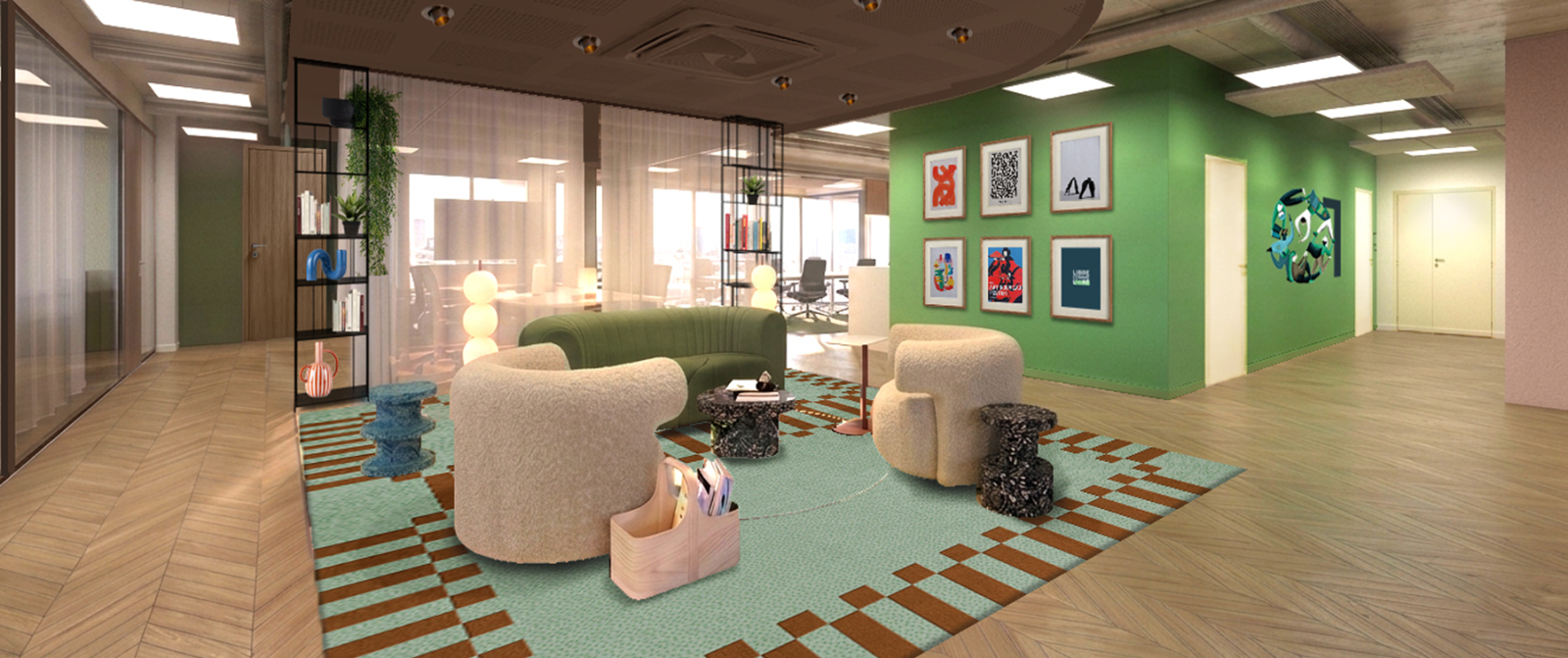 Maquette 3D. Espace commun type salon avec canapés cosy sur tapis vert menthe, parquet au sol et mur peints en vert avec tableaux décoratifs
