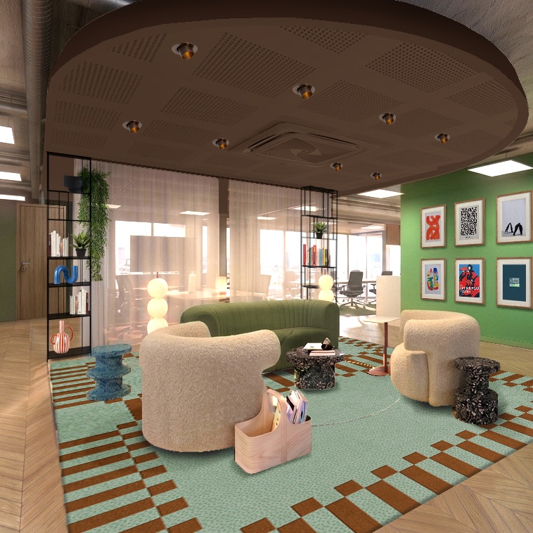 Maquette 3D. Espace commun type salon avec canapés cosy sur tapis vert menthe, parquet au sol et mur peints en vert avec tableaux décoratifs