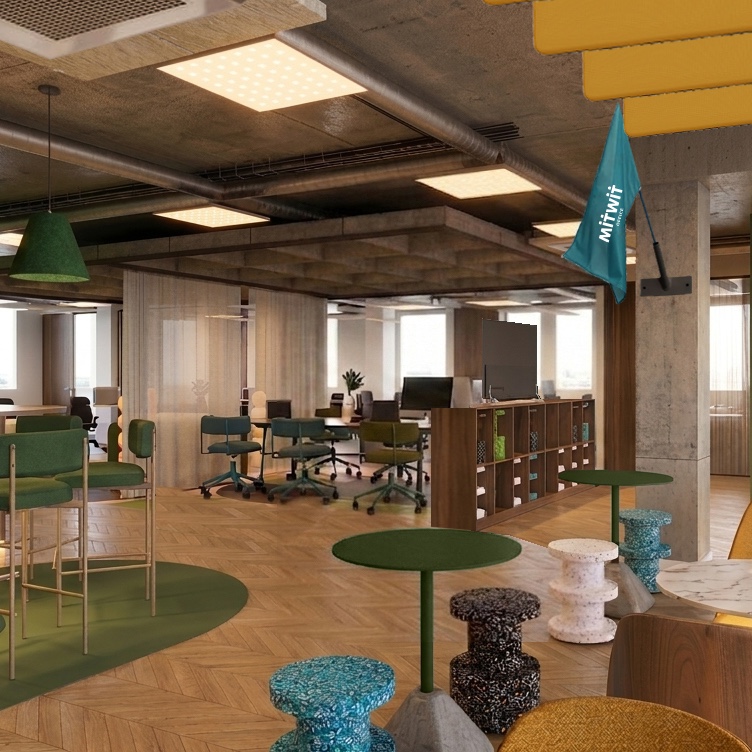 Maquette 3D. Espace commun avec sur la gauche une partie de l'ilot central de la cuisine et les mange debout en guise d'assise. Sur la droite la section restauration avec tables et chaises, et au fond de la pièce se trouvent les postes de coworking.
