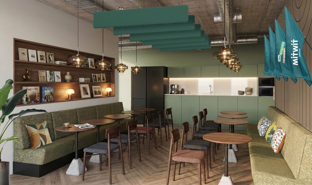 Maquette 3D. Kitchenette disponible à chaque étage avec une partie rangement, un évier, une machine à café, 2 micro-ondes et un frigo au fond. En premier plan se trouve de part et d'autre des murs de gauche et droite des banquettes devant lequel se trouve des tables et des chaises.