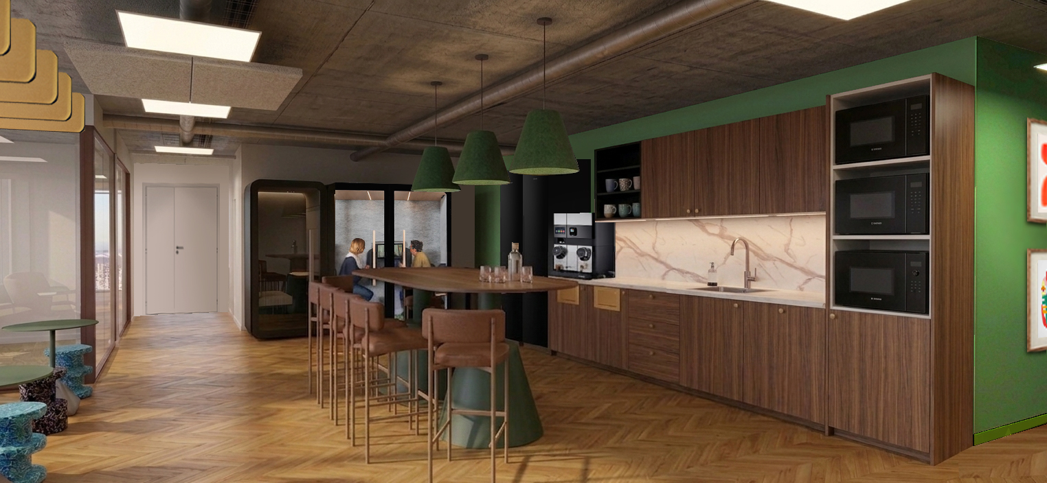Maquette 3D. Espace kitchenette en premier plan avec ilot central et manges debout comme assises. Des phonebox sont visibles au fond de la kitchenette