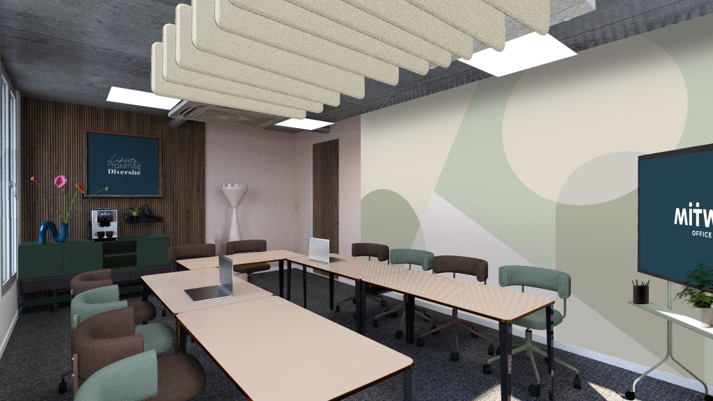 Maquette 3D. Grande salle de réunion de 10 personnes avec des chaises à roulettes bleu et marron. Des panneaux acoustiques sont accrochés au plafond. La salle bénéficie d'une TV sur pied et d'une machine à café. Les murs sont à la fois en papier peint dans les ton vert d'eau (à droite) et le mur du fond est un lambris en bois foncé. Le tout sur une moquette gris foncé.