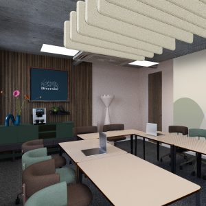 Maquette 3D. Grande salle de réunion de 10 personnes avec des chaises à roulettes bleu et marron. Des panneaux acoustiques sont accrochés au plafond. La salle bénéficie d'une TV sur pied et d'une machine à café. Les murs sont à la fois en papier peint dans les ton vert d'eau (à droite) et le mur du fond est un lambris en bois foncé. Le tout sur une moquette gris foncé.